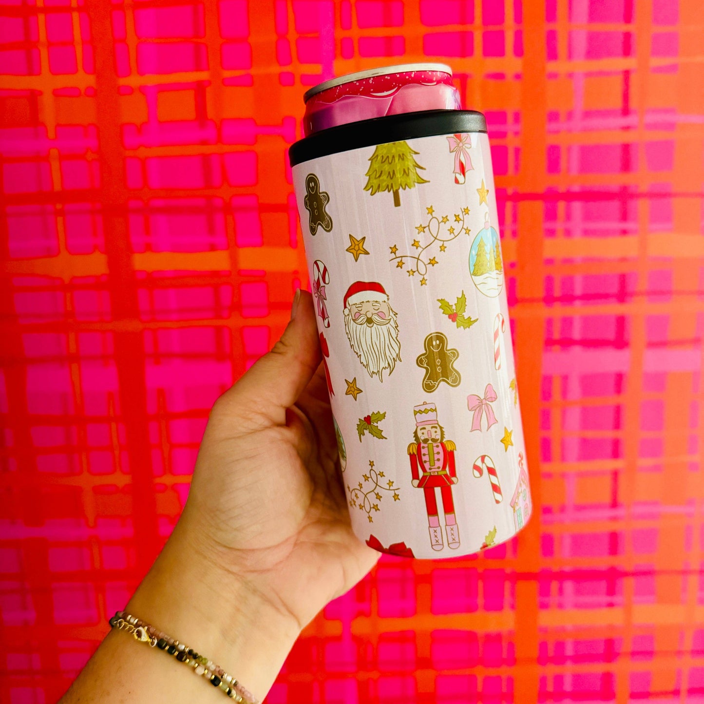 Slim Can Cooler, Pink Christmas Nutcracker Pattern