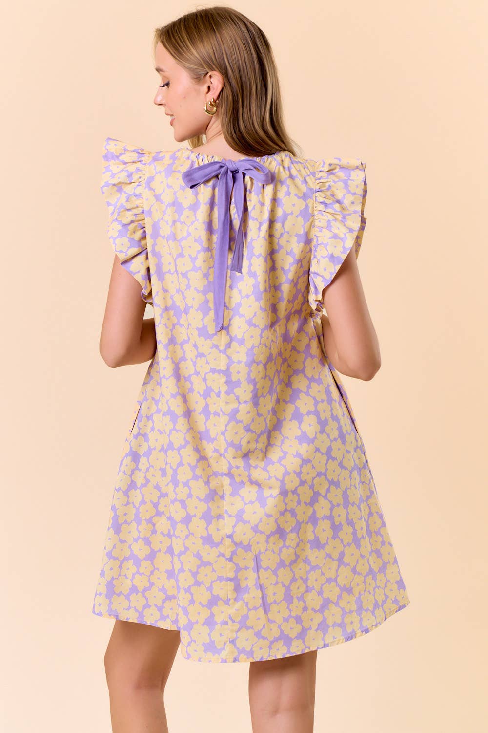 FLORAL BACK NECK TIE MINI DRESS W/ SIDE POCKET - 27914D