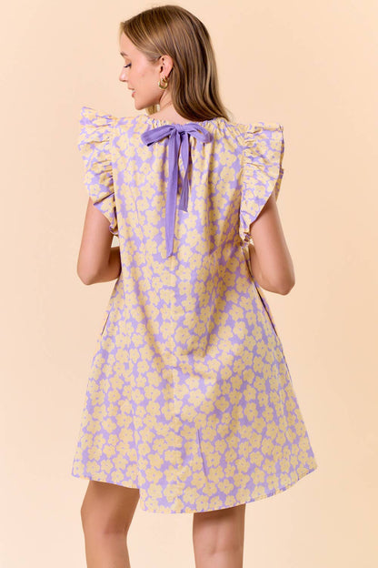 FLORAL BACK NECK TIE MINI DRESS W/ SIDE POCKET - 27914D