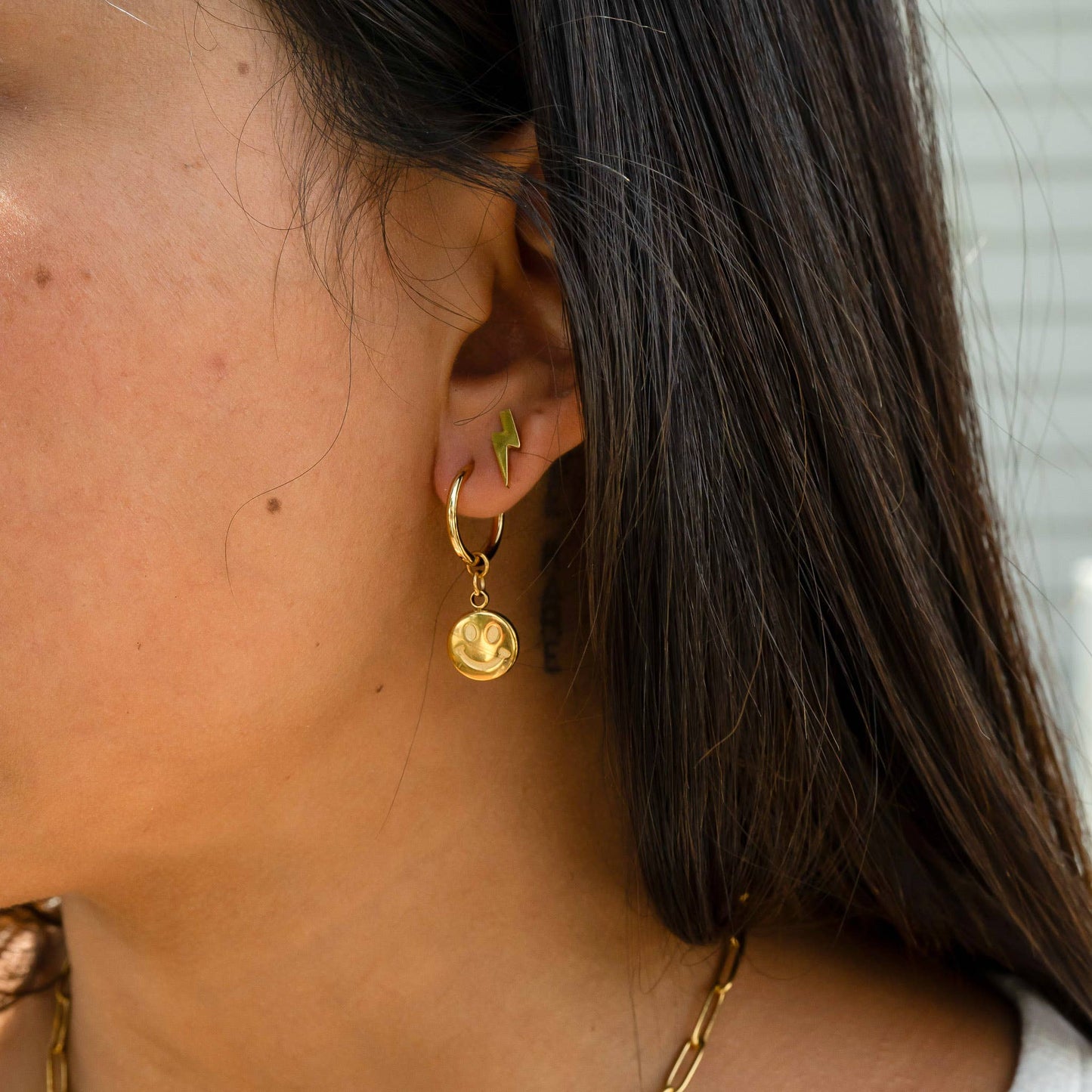 18K Gold Stainless Steel Smiley Face Huggie Charm Earrings