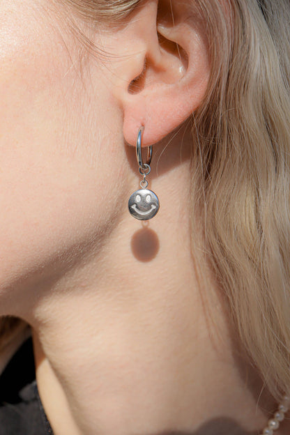 18K Gold Stainless Steel Smiley Face Huggie Charm Earrings