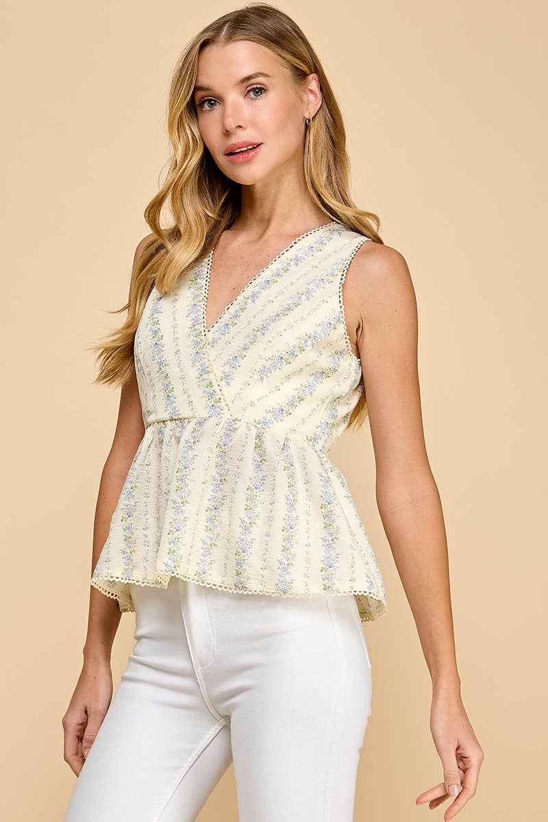 CT9176-Floral Striped V Neck Peplum Style Top