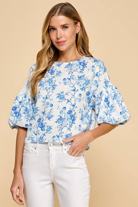 CT9059-Floral Print Puffed Sleeves Boxy Top