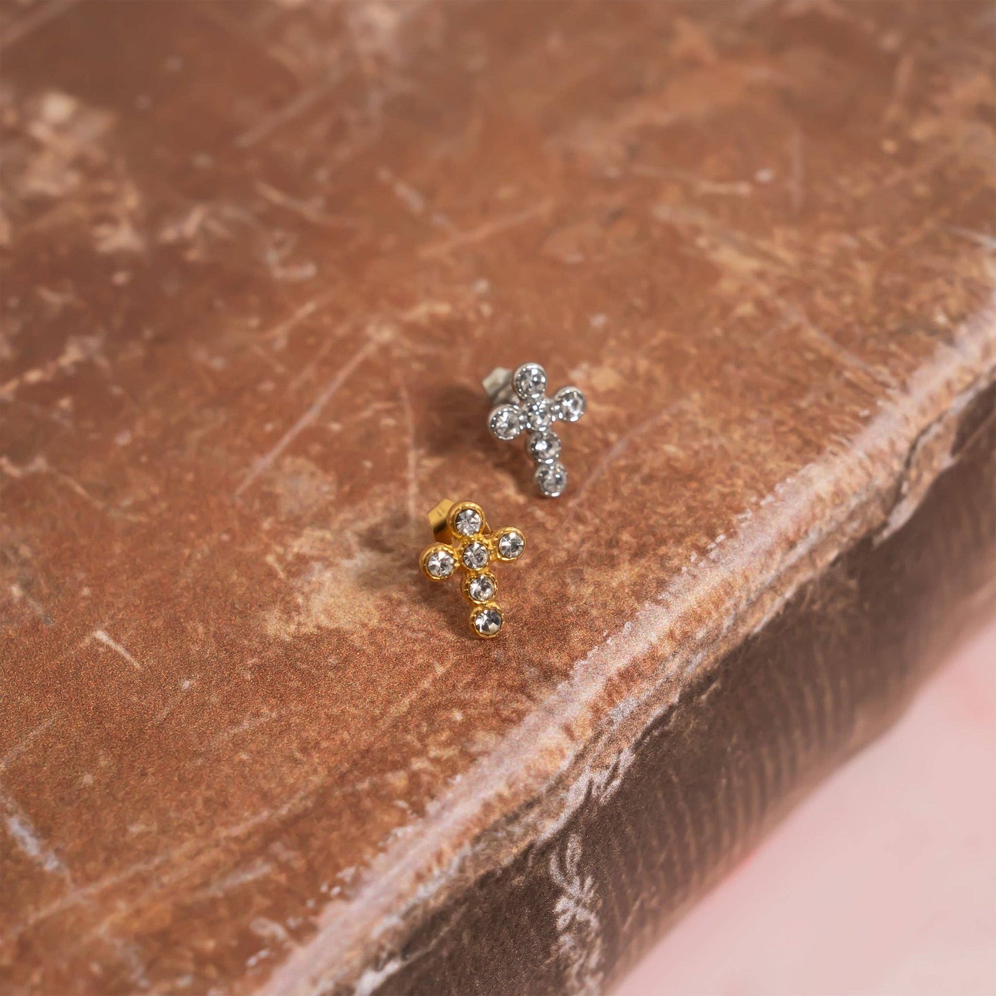 18K Gold PVD Stainless Steel Round Stone Cross Earrings