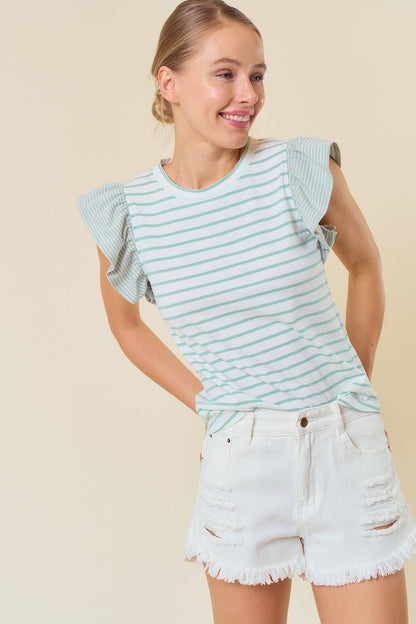 CREWNECK RUFFLE SLEEVE STRIPE MIXED TOP - 44294T