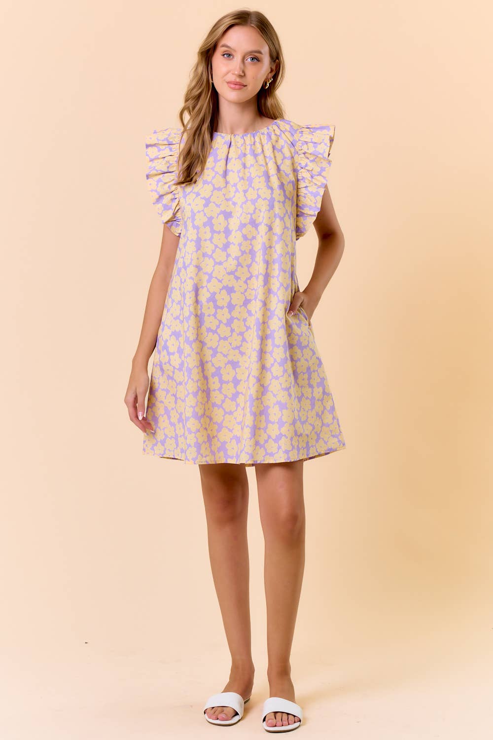 FLORAL BACK NECK TIE MINI DRESS W/ SIDE POCKET - 27914D