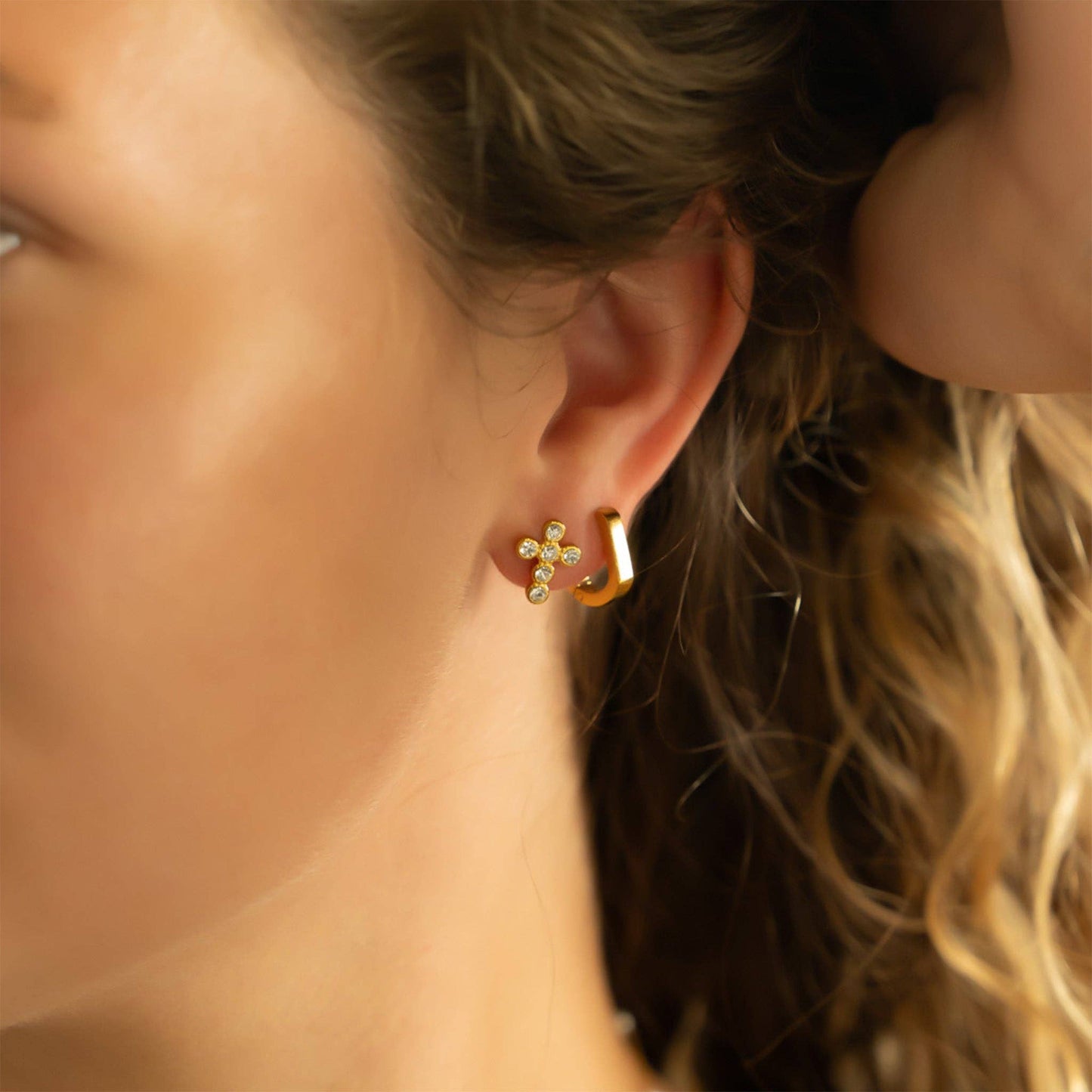 18K Gold PVD Stainless Steel Round Stone Cross Earrings