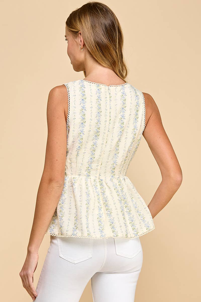 CT9176-Floral Striped V Neck Peplum Style Top