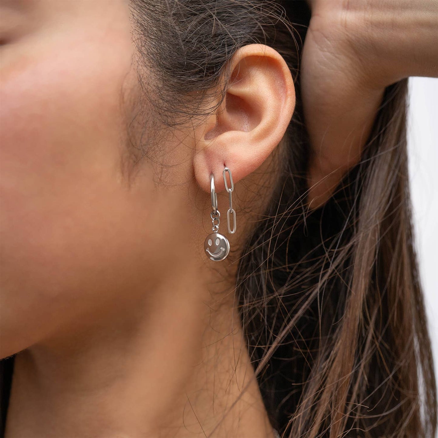 18K Gold Stainless Steel Smiley Face Huggie Charm Earrings