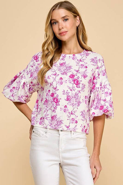CT9059-Floral Print Puffed Sleeves Boxy Top