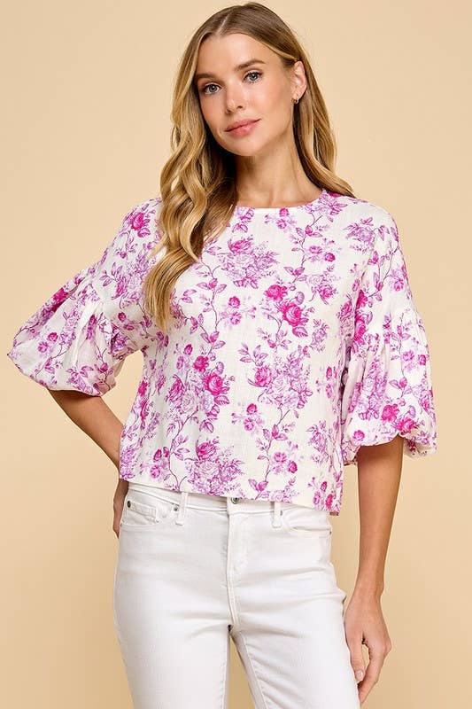 CT9059-Floral Print Puffed Sleeves Boxy Top