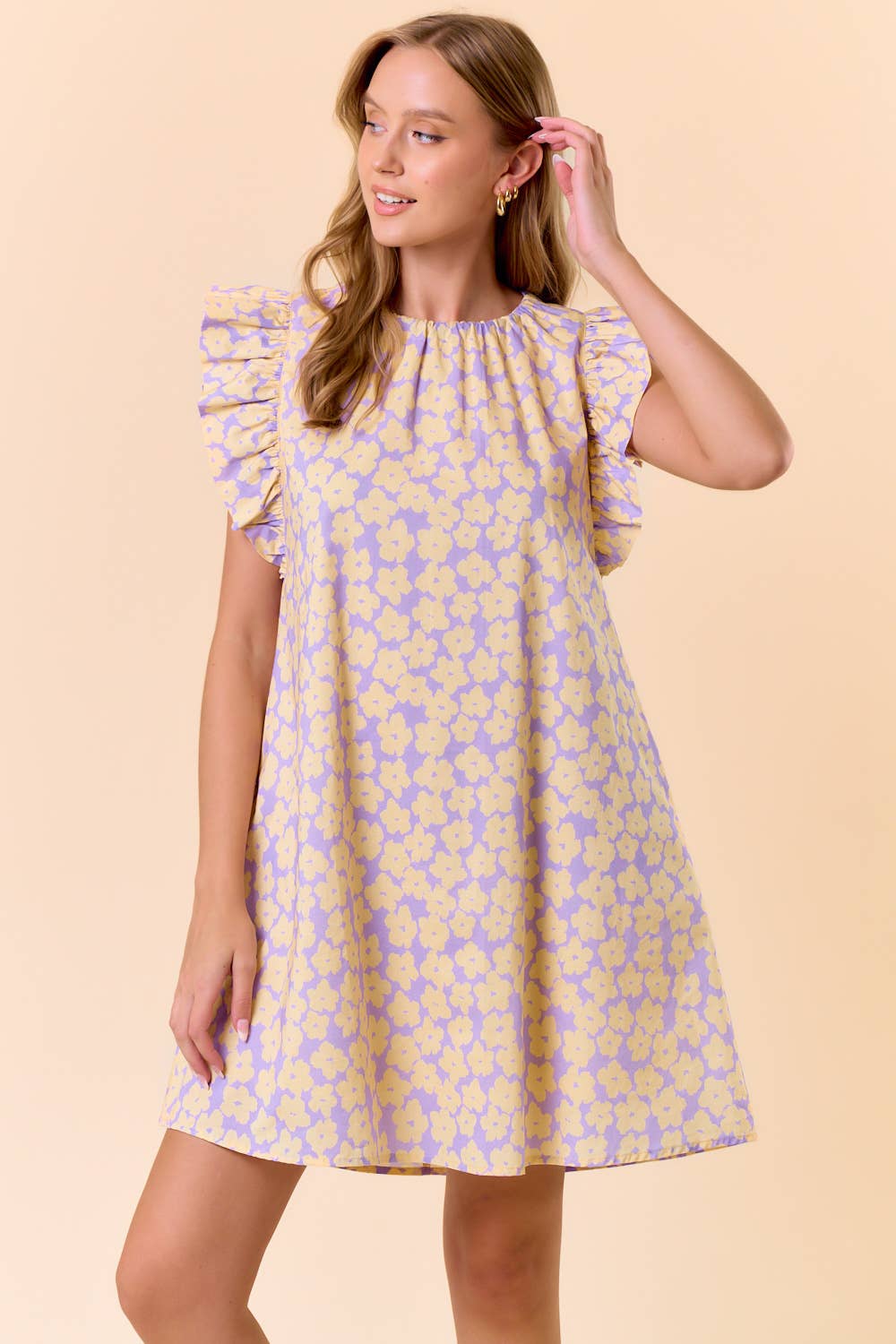 FLORAL BACK NECK TIE MINI DRESS W/ SIDE POCKET - 27914D