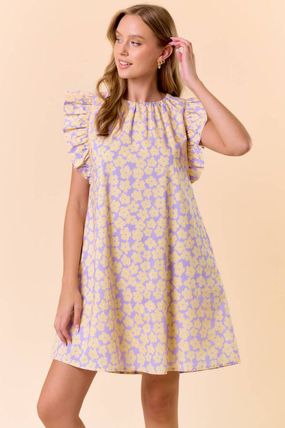 FLORAL BACK NECK TIE MINI DRESS W/ SIDE POCKET - 27914D