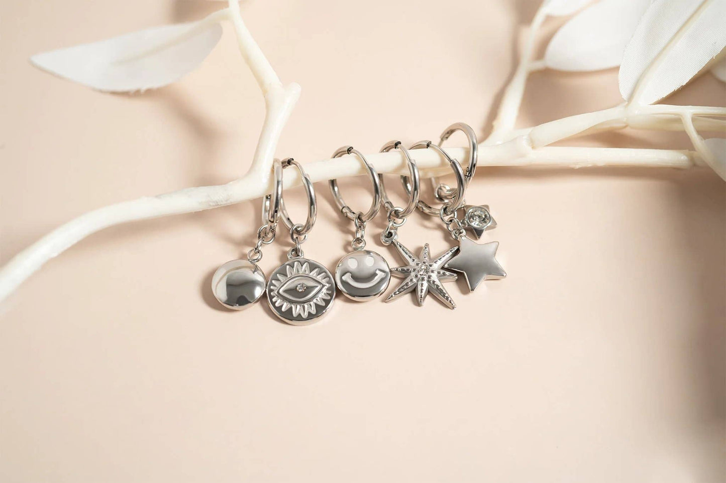 18K Gold Stainless Steel Smiley Face Huggie Charm Earrings