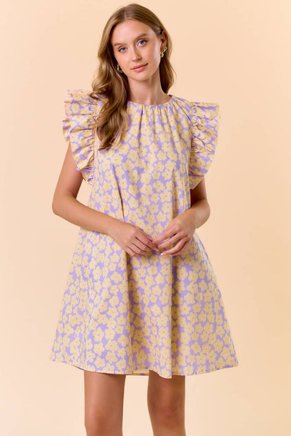 FLORAL BACK NECK TIE MINI DRESS W/ SIDE POCKET - 27914D