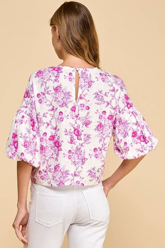 CT9059-Floral Print Puffed Sleeves Boxy Top