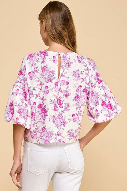 CT9059-Floral Print Puffed Sleeves Boxy Top
