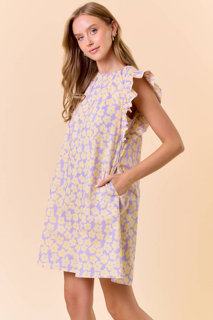 FLORAL BACK NECK TIE MINI DRESS W/ SIDE POCKET - 27914D