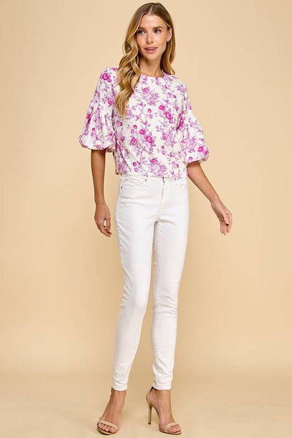 CT9059-Floral Print Puffed Sleeves Boxy Top